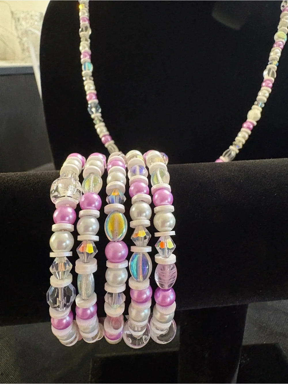 Iridescent Purple & White Beaded Bracelet Set